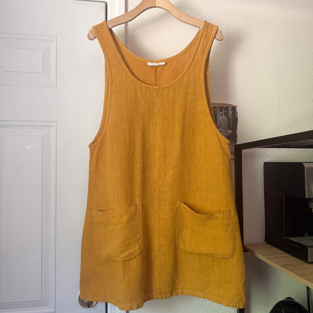 BRYN WALKER mustard yellow linen lagenlook scoop crew sleeveless mini dress